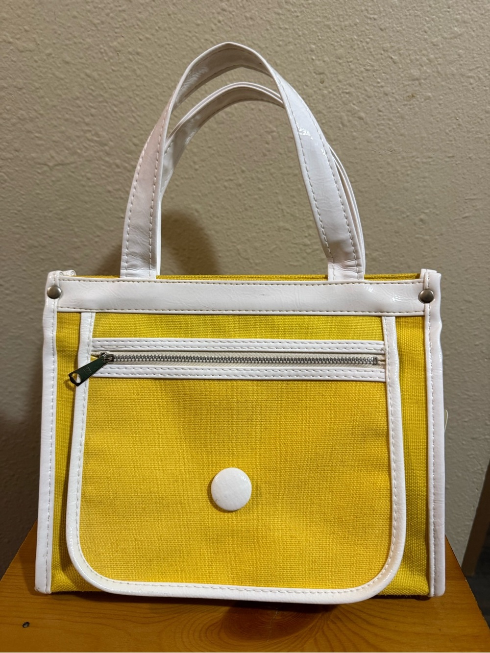 Vtg 60s Trad Wife Yellow and White Mini Tote Bag with Front Pocket patent lea